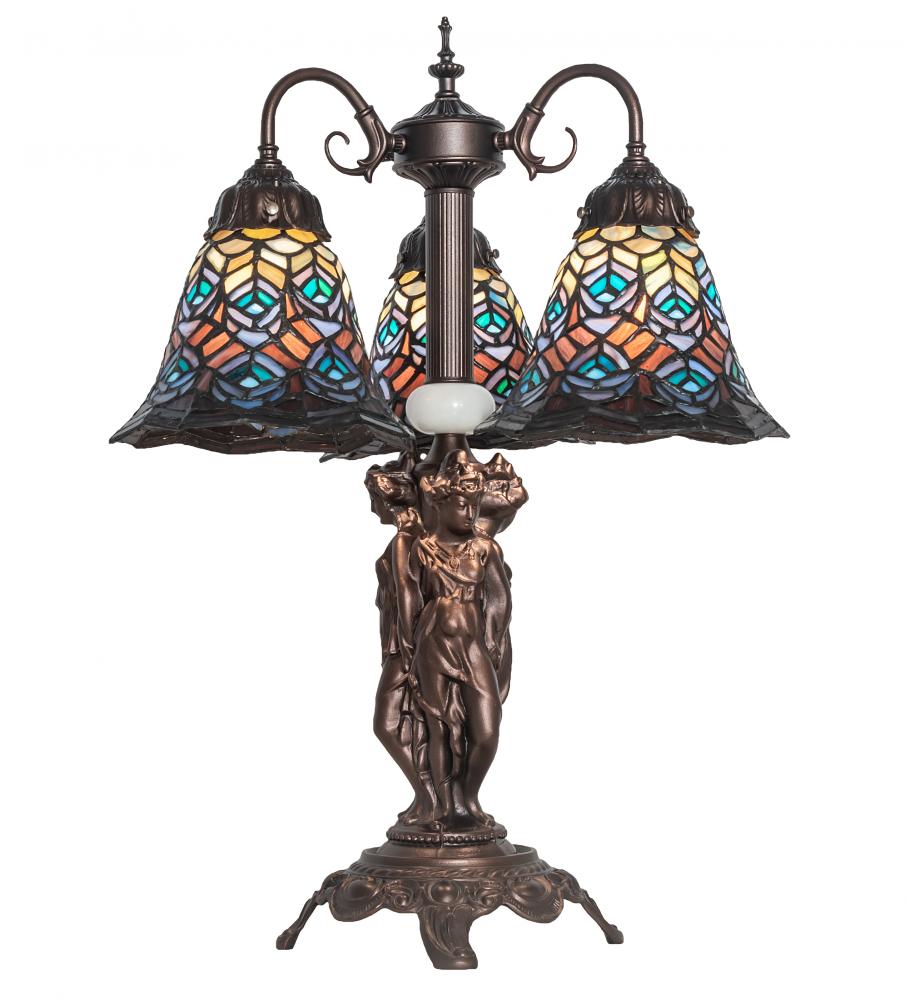 23" High Tiffany Peacock Feather 3 Light Table Lamp