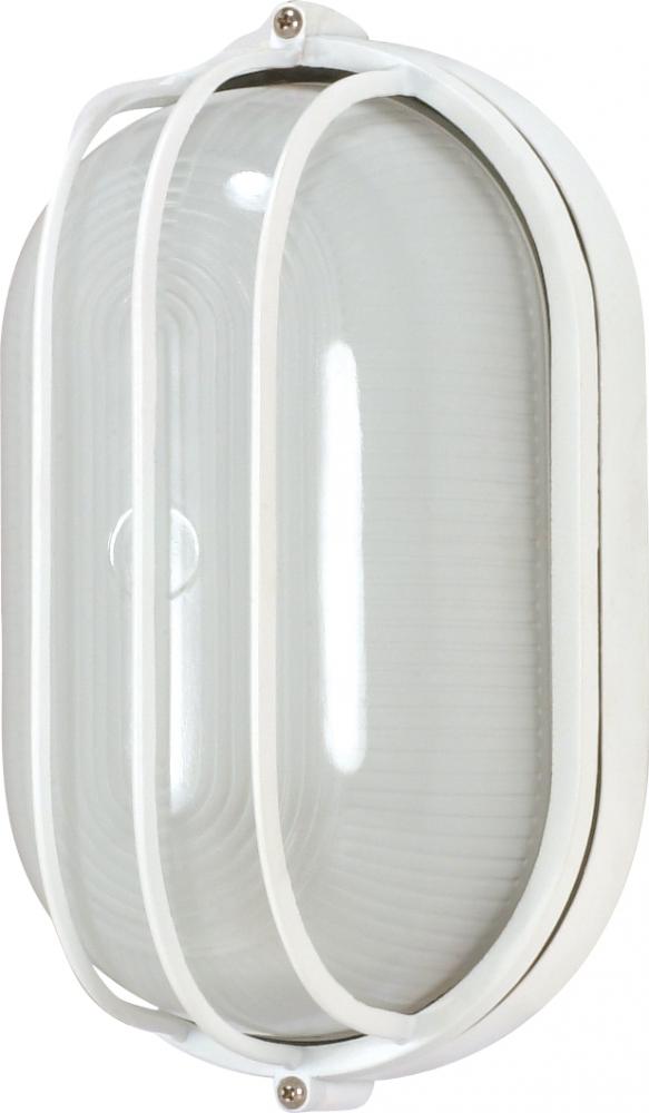 1-Light Oval Caged Die-Cast Bulkhead Light in Semi Gloss White with Glass Lens and (1) 13W GU24 Bulb